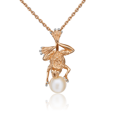 Подвеска «Лягушка» из красного золота с жемчугом культивированным