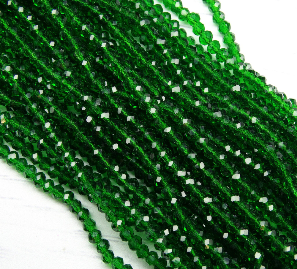 БП022НН23 Хрустальные бусины "рондель", цвет: темно-зеленый прозрачный, 2х3 мм, кол-во: 95-100 шт.