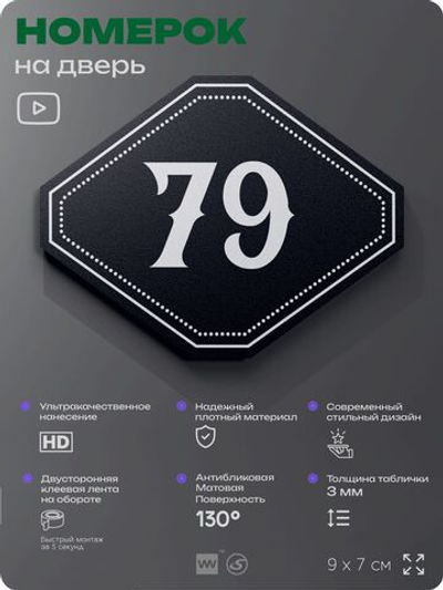 Номерок на дверь квартиры 79, для кабинета, офиса, шильдик 9 х 7 см, черный, Айдентика Технолоджи