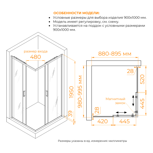 Душевой уголок RGW PA-246 (Прозрачное, 900x1000)