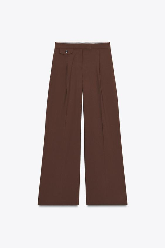 ZARA ШИРОКИЕ БРЮКИ С ЗАЩИПАМИ, КОРИЧНЕВЫЙ