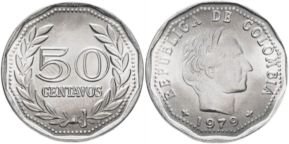 Колумбия 50 сентаво, 1970 - 1980 Франсиско де Паула Сантандер aUNC