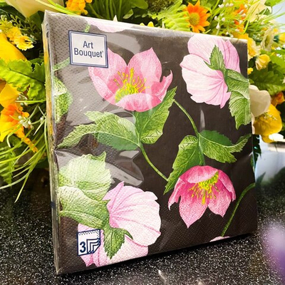 ДЕКОРАТИВНЫЙ ЦВЕТОК НА ЧЕРНОМ Салфетки 20л Bouquet Original, 3-х слойные  *12шт