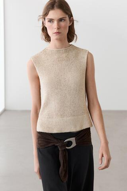 Massimo Dutti Трикотажный топ со льном, бежевый