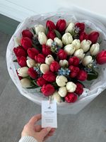 Букет из 51 белых, красных тюльпанов и незабудок - L