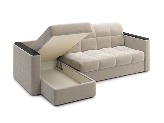 Диван угловой с оттоманкой Неаполь 1,2 - Velutto 17 бежевый/накладка венге