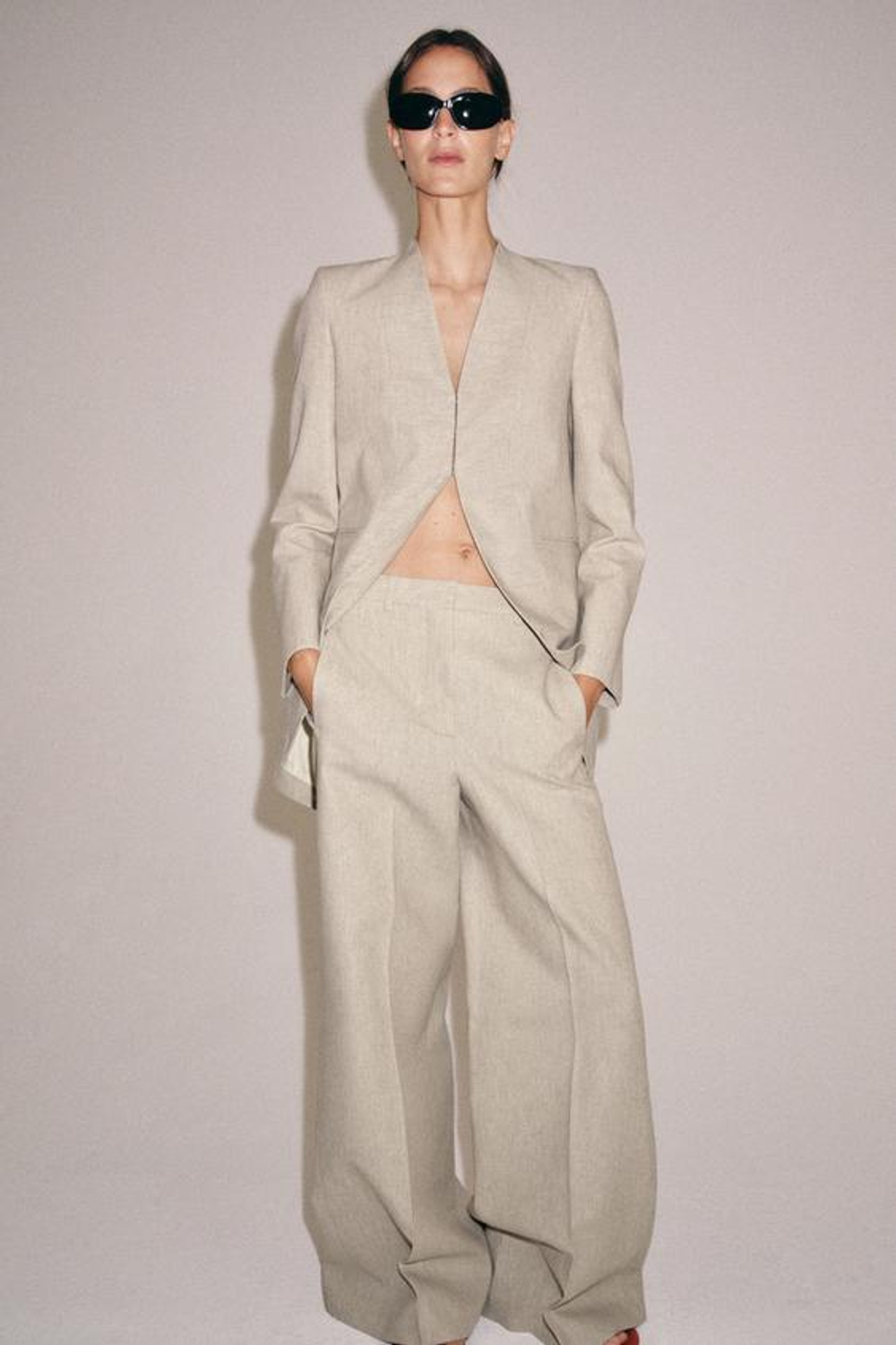 ZARA ДЛИННЫЙ БЛЕЙЗЕР В ПОЛОСКУ — ZW COLLECTION, ПЕСОЧНЫЙ МЕЛАНЖ