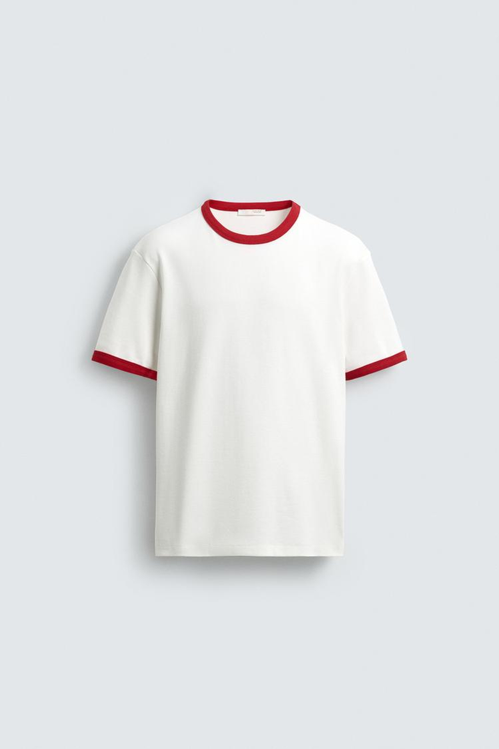 ZARA ФУТБОЛКА В РУБЧИК С КОНТРАСТНОЙ ОТДЕЛКОЙ БАЗОВАЯ, БЕЛЫЙ/КРАСНЫЙ