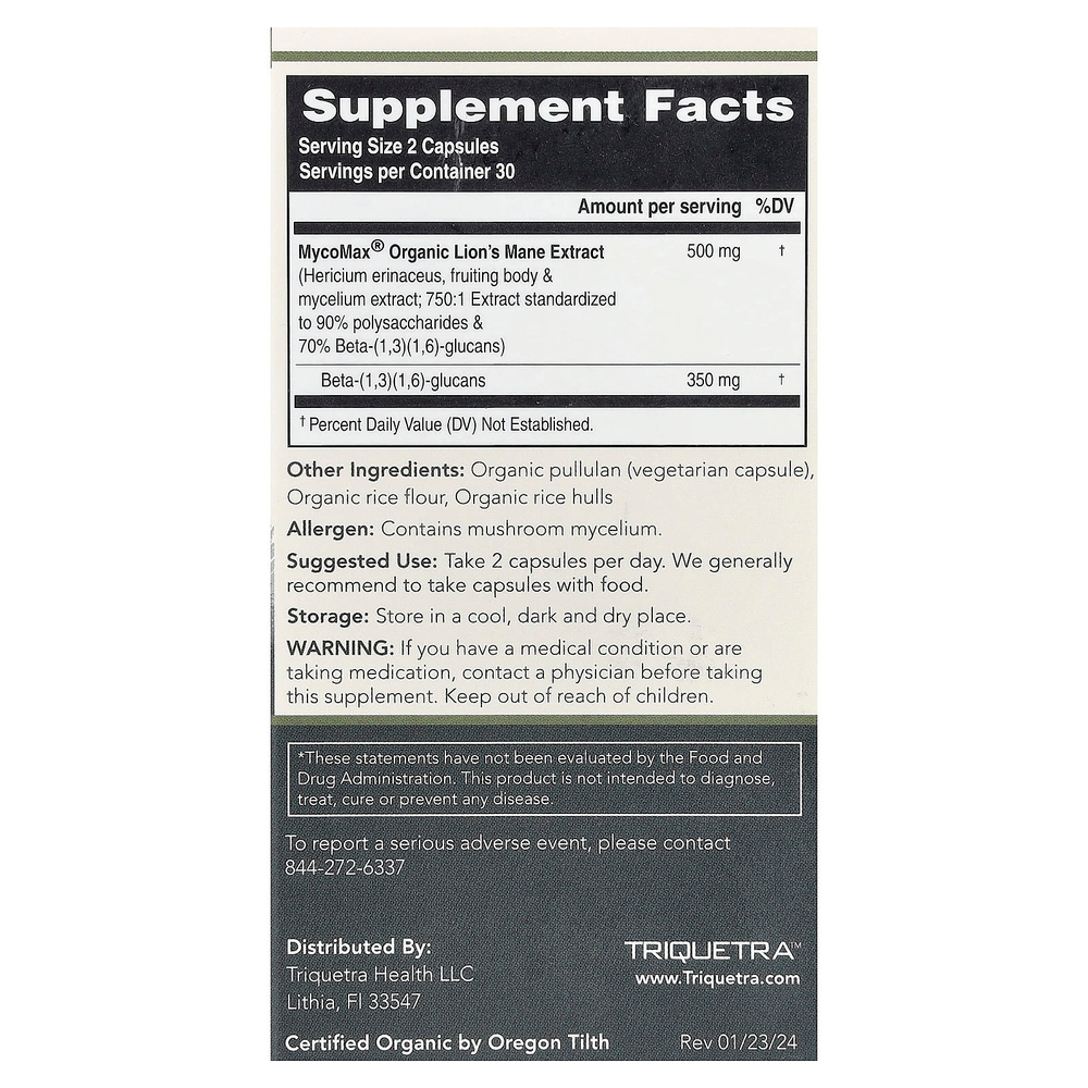 Triquetra Health, MycoMax®, экстракт ежовика гребенчатого, максимальная сила действия, 60 капсул (250 мг в 1 капсуле)