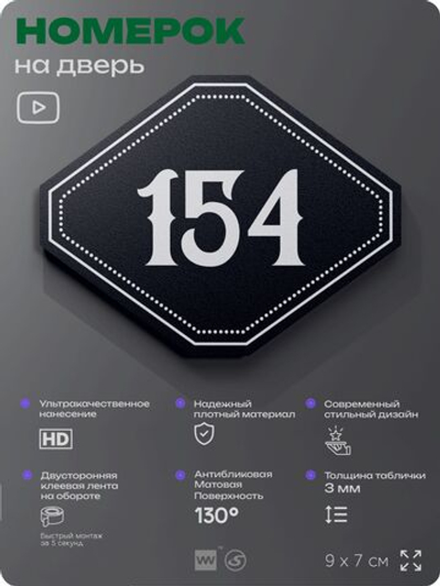 Номерок на дверь квартиры 154, для кабинета, офиса, шильдик 9 х 7 см, черный, Айдентика Технолоджи