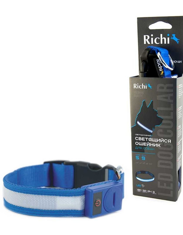Ошейник для собак Richi Светящийся, размер М, синий со светящийся лентой 3 режима 37-40 см