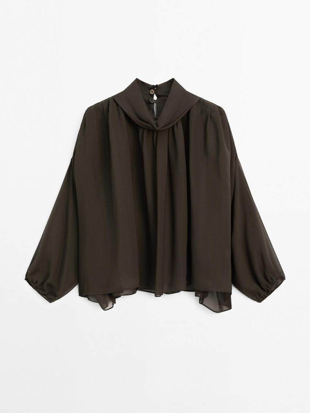 Massimo Dutti Объемная рубашка из струящейся ткани с пуговицами, кротово-коричневый