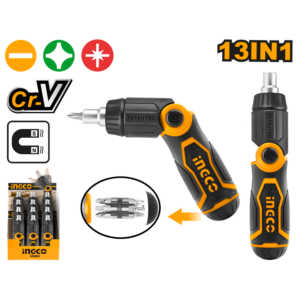 Отвертка с трещоткой и битами 13 в 1 INGCO AKISD1208