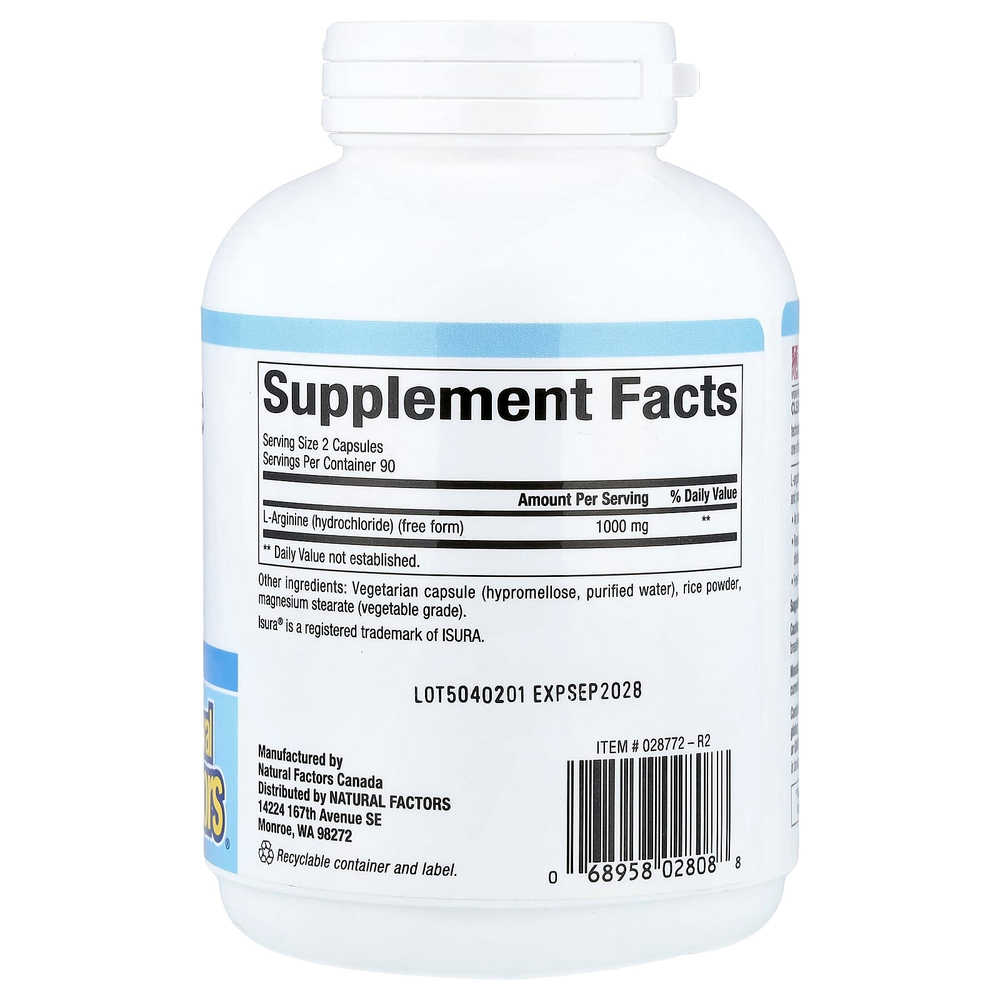 Natural Factors, L-аргинин, 180 вегетарианских капсул (500 мг в 1 капсуле)