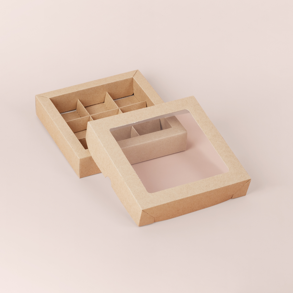 Коробка для 9 конфет с окном (крафт)