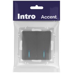 Выключатель Intro Accent 6-105-07 двойной с подсветкой, 10А-250В, IP20, СУ, AL/CU, графит