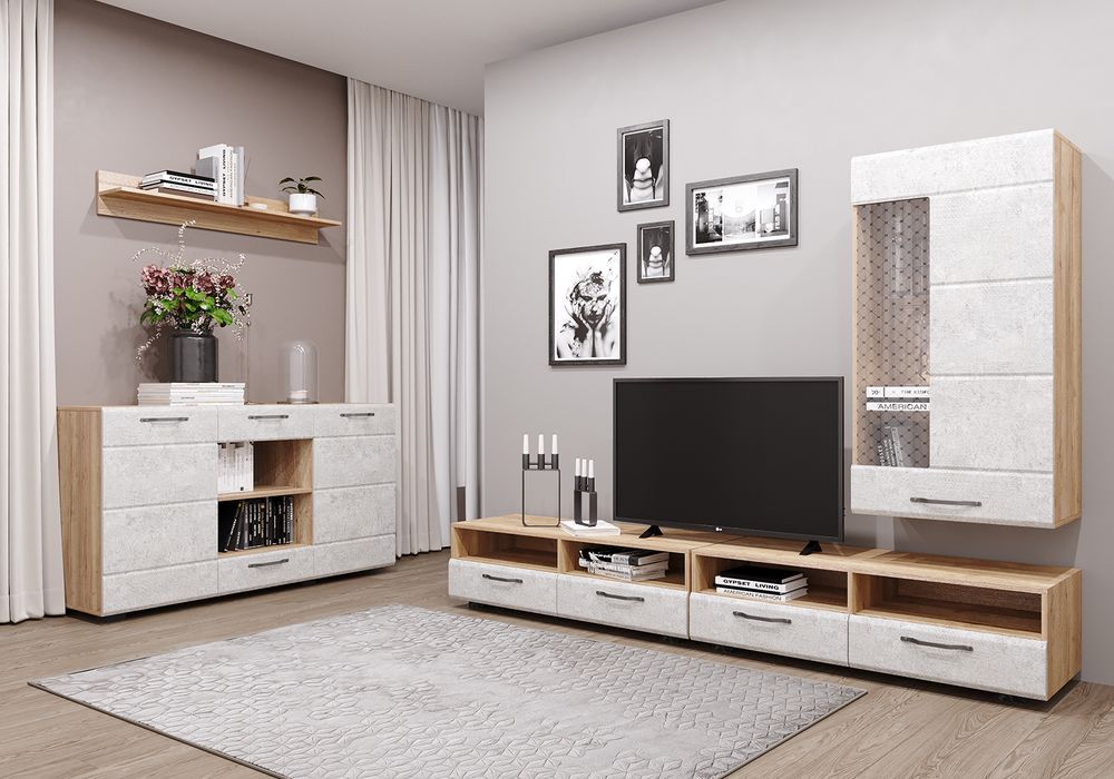 Гостиная 10 "Асти" (дуб бунратти/камень светлый), ЛДСП/МДФ, ДСВ Мебель, г. Пенза