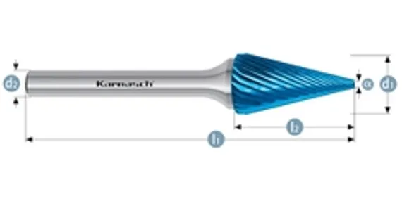 Борфреза твердосплавная Karnasch форма K, 3х3х3х38 мм, насечка HP-2, покрытие Blue-Tec, арт. 11.5110-005
