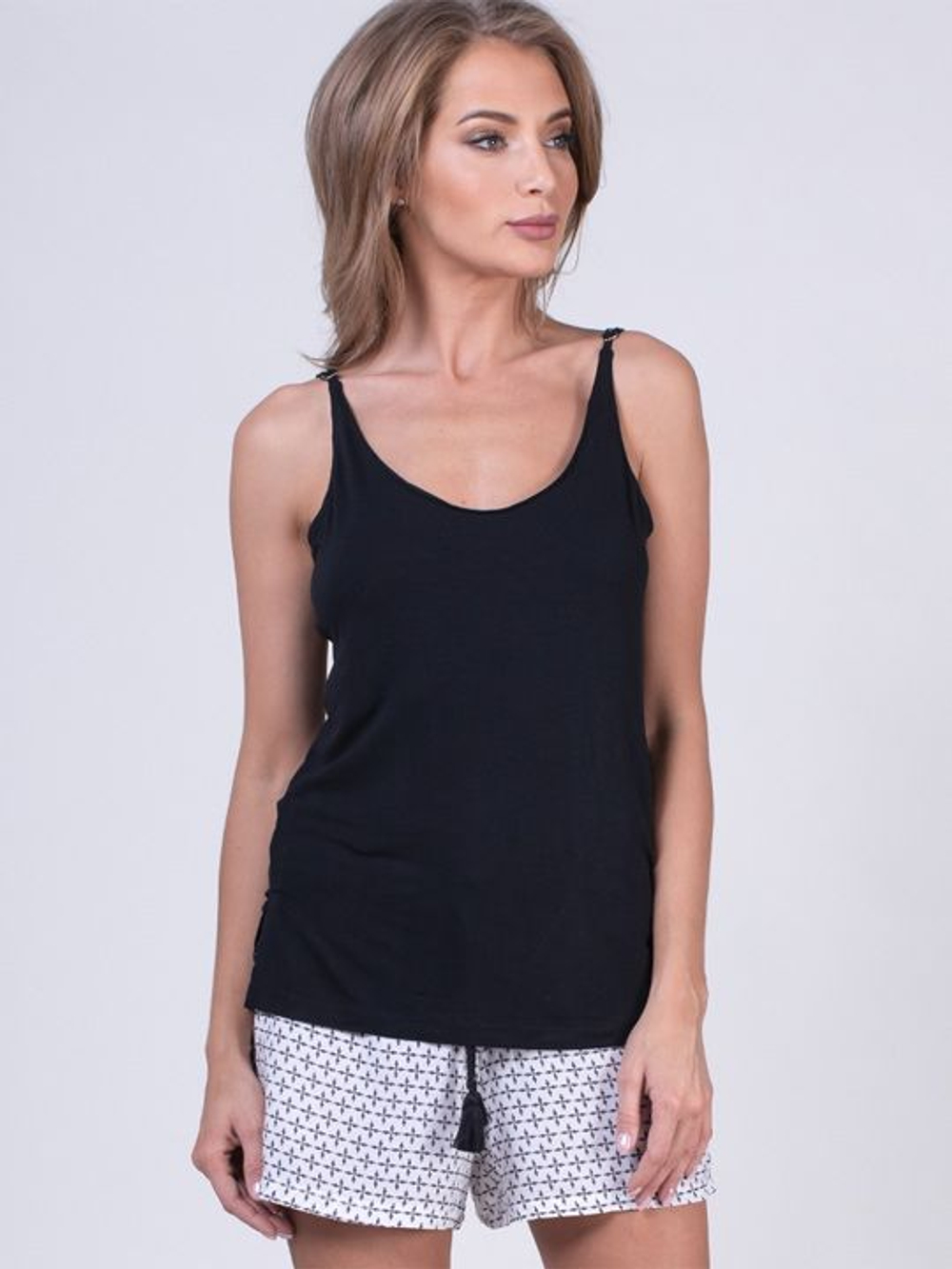 Легкий домашний комплект из вискозы (Размер: L) (Цвет: черный с белым)