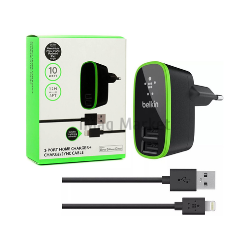 Сетевое зарядное устройство Belkin, 2 USB-A, 10W, 2.1A + кабель Lightning, 1.2 м, черный (no original)