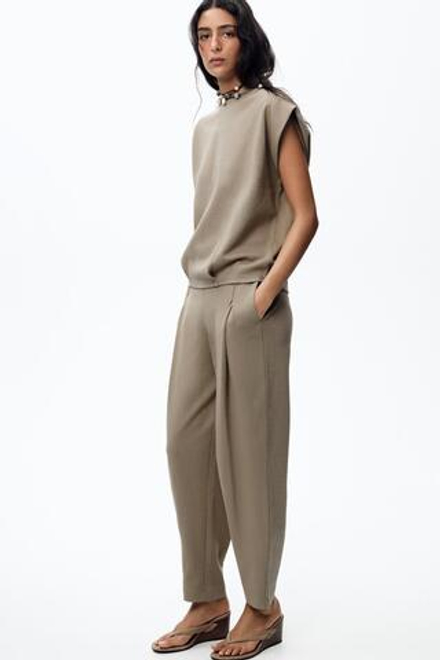 ZARA БРЮКИ ИЗ ТКАНИ С ЭФФЕКТОМ ПОТЕРТОСТИ С ЗАЩИПАМИ, СЕРО-КОРИЧНЕВЫЙ