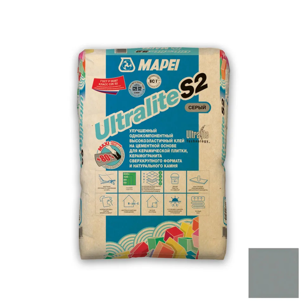 ULTRALITE S2, ТМ MAPEI, цвет серый, 15кг, Россия, Смесь сухая клеевая на цементном вяжущем класс С2ES2