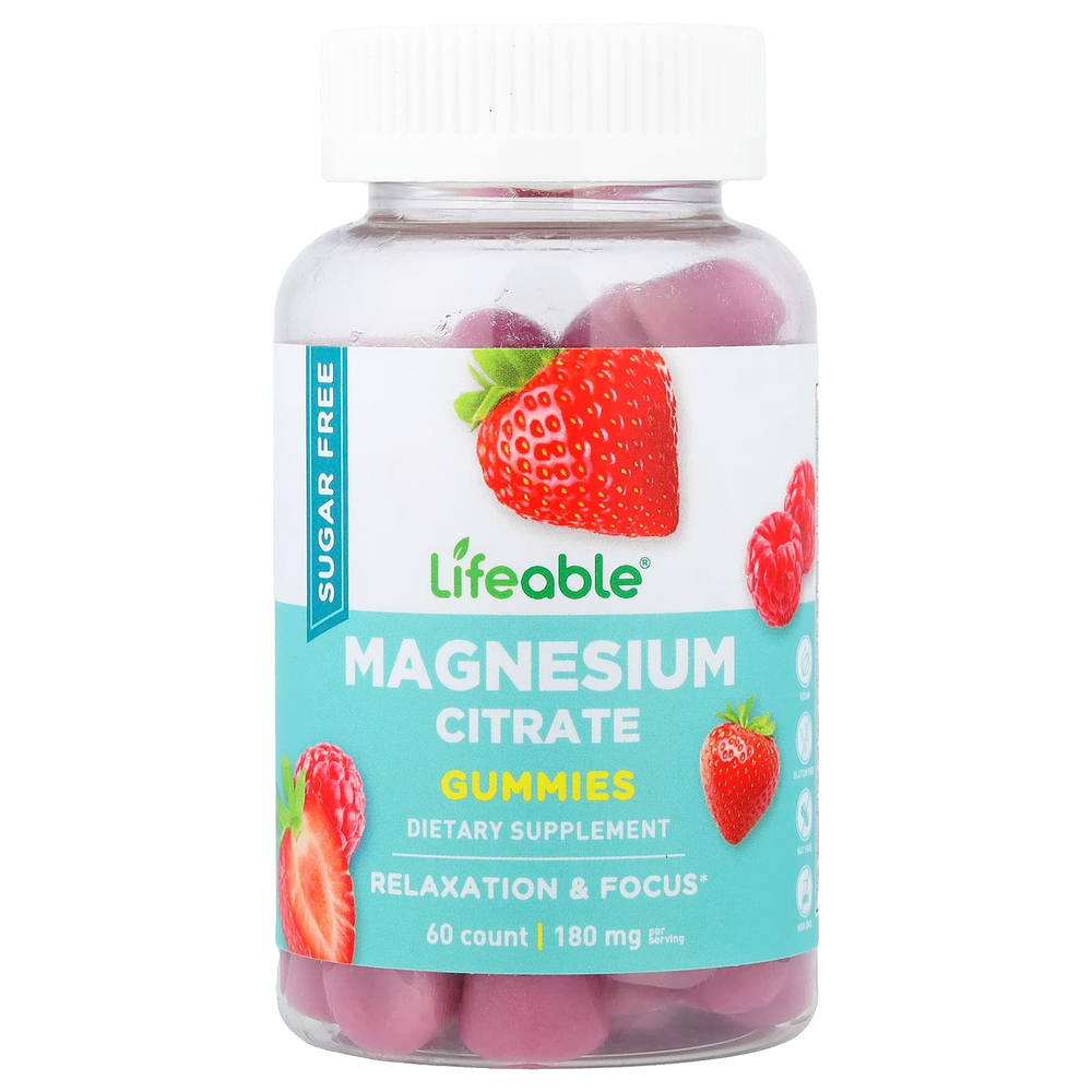 Lifeable, жевательные таблетки с цитратом магния, с ягодным вкусом, 60 жевательных таблеток (90 мг в 1 таблетке)