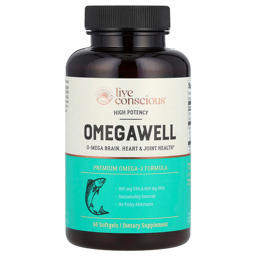 Live Conscious, OmegaWell, премиальная формула с омега-3, высокая эффективность, 60 капсул (1000 мг в каждой капсуле)