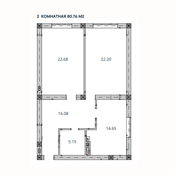 2-комн. квартира, 80,76 м²; 1 этаж