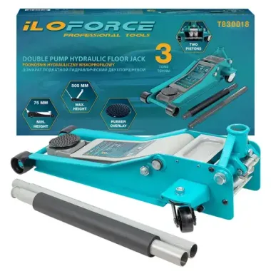 Домкрат подкатной гидравлический низкопрофильный двухпоршневой с резиновой накладкой 3т (h min 75мм, h max 505мм) ILOforce IF-T830018