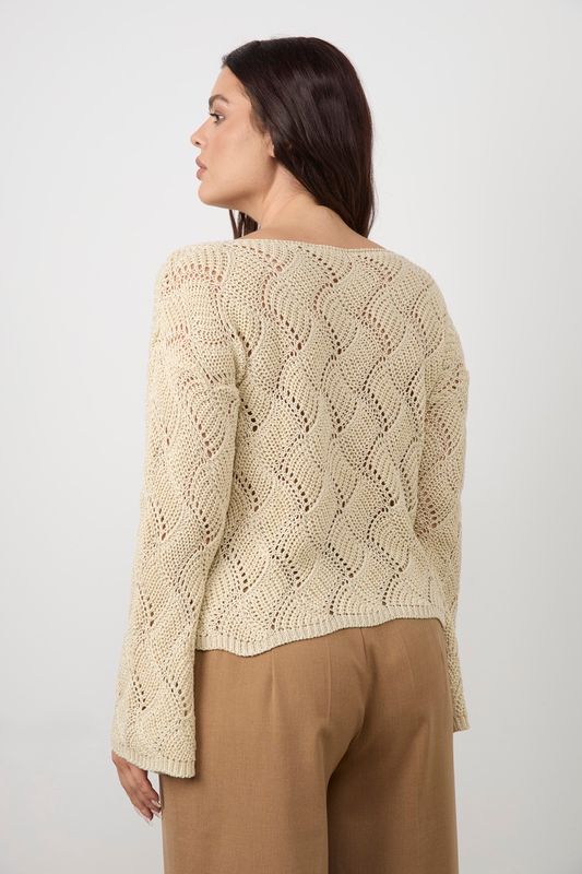 Джемпер вязаный ажурный с люрексом, бежевый