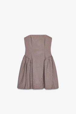 ZARA КОРОТКОЕ ПЛАТЬЕ БЕЗ БРЕТЕЛЕЙ В КЛЕТКУ ВИШИ, ПЫЛЬНЫЙ РОЗОВЫЙ