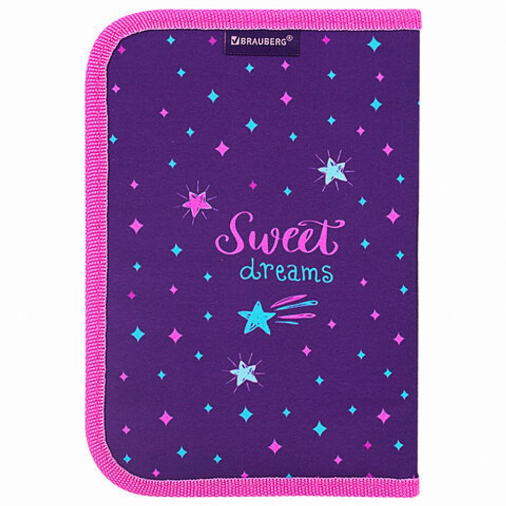 Пенал с наполнением BRAUBERG, 1 отделение, 1 откидная планка, полиэстер, 24 предмета, 21х14 см, "Sweet dream", 270316