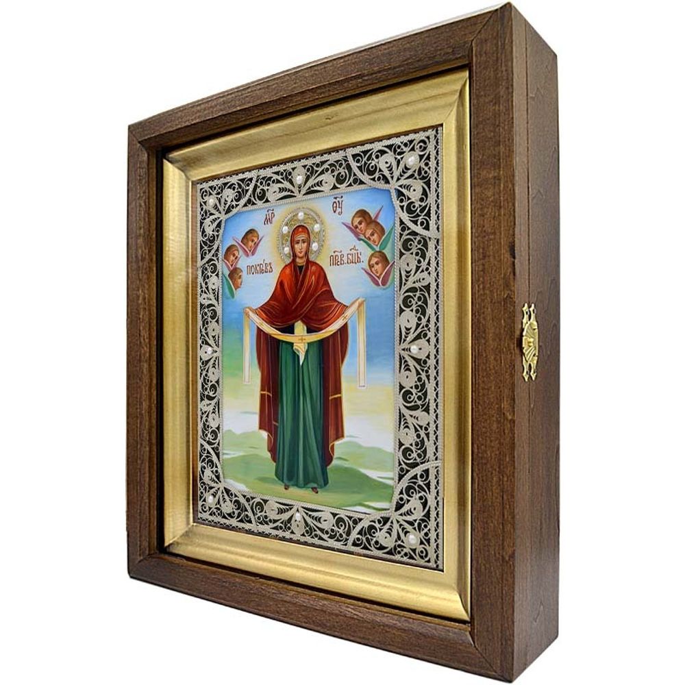 Покров Пресвятой Богородицы. Рукописная икона с серебряной филигранью и жемчугом.