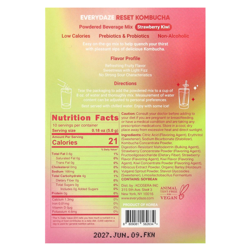 Everydaze, Reset Kombucha, сухая смесь для напитков, клубника и киви, 10 пакетиков по 5 г (0,18 унции)