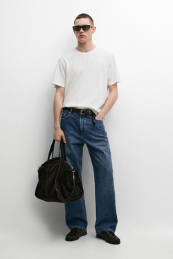 Massimo Dutti Футболка из хлопка и льна с двойным воротом, белый