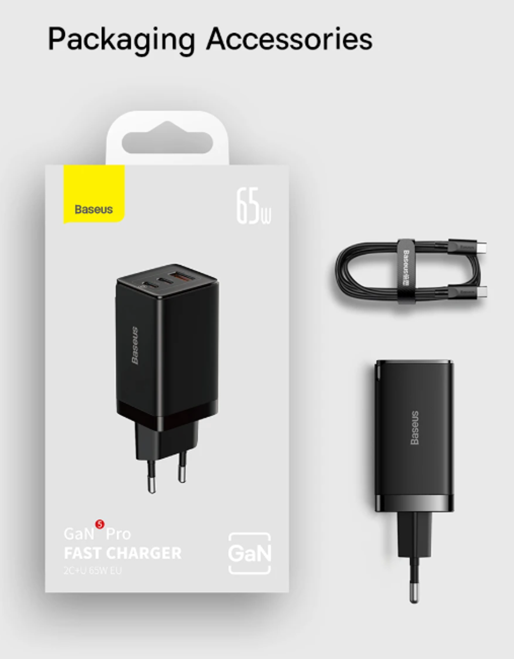 Сетевое зарядное устройство Baseus GaN5 Pro 2C+U 65W черный