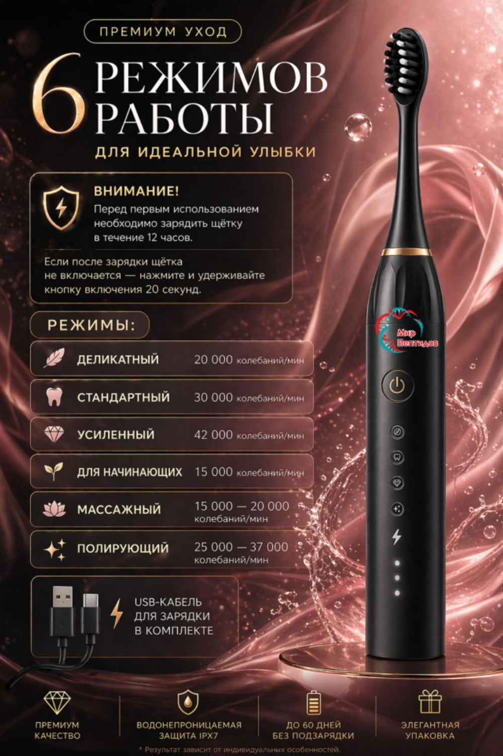 МИР ПЕПТИДОВ звуковая щетка IPX 7 щетина средняя черная