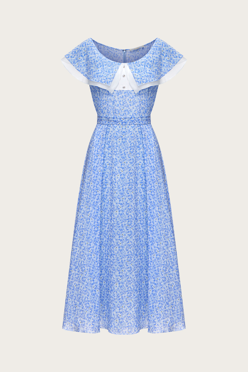 ПЛАТЬЕ ИЗ ГОЛУБОГО ШЕЛКА С АВТОРСКИМ ПРИНТОМ
