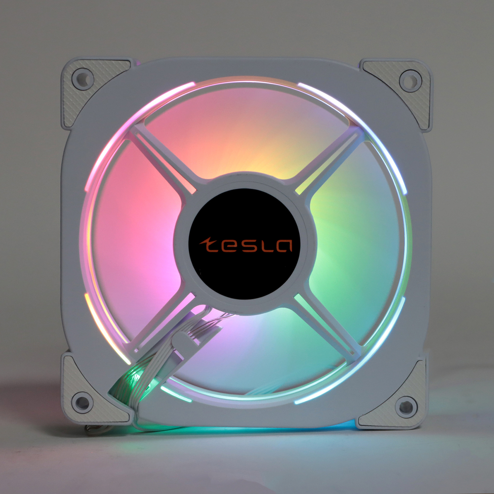 Вентилятор TESLA RGB120-XW, 120мм, 1200rpm, Molex, белый/RGB, 38CFM, 21дБ, антивибропрокладки, бесконечное зеркало, изменение скорости анимации подсветки (TSL-120-XW)
