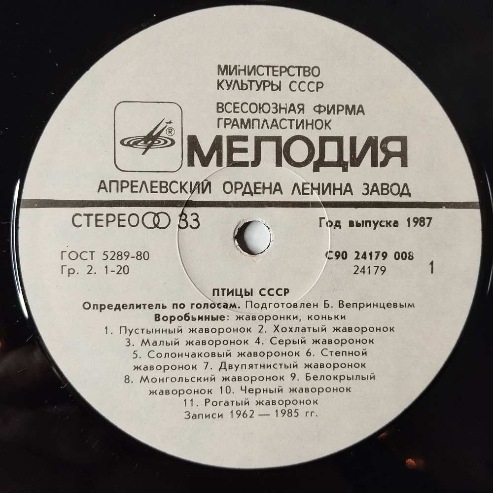 Винтажная виниловая пластинка LP Птицы СССР Определитель По Голосам Воробьиные: Жаворонки, Коньки (СССР 1986)