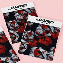 Ткань шифон снегирь с рябиной