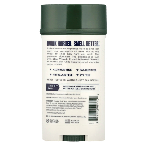 Duke Cannon Supply Co., Дезодорант без алюминия, Midnight Swim, морская трава и сандал, 85 г (3 унции)