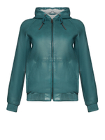 Женская кожаная куртка-бомбер бирюзовая с капюшоном