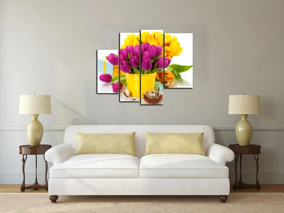 Модульная картина "Желтые и фиолетовые тюльпаны"