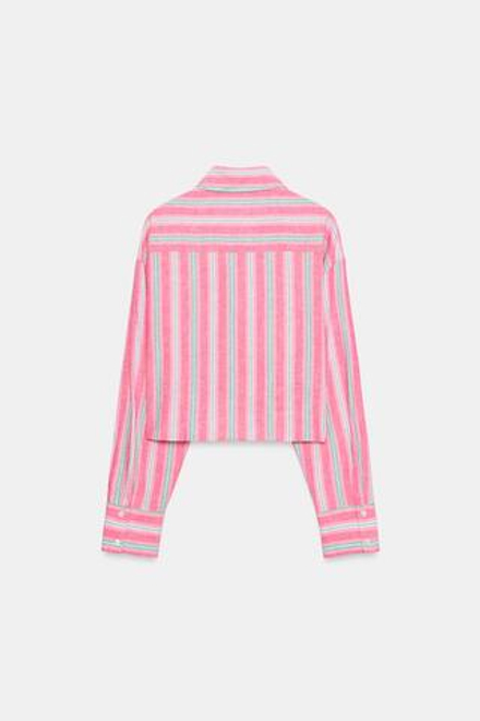 ZARA УКОРОЧЕННАЯ РУБАШКА В ПОЛОСКУ С КРУЖЕВОМ, ОТТЕНКИ РОЗОВОГО