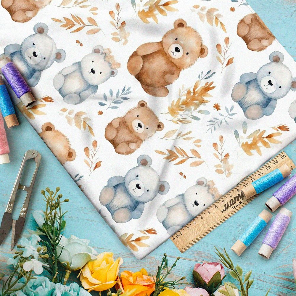 Ткань премиум атлас медведи с осенними ветками