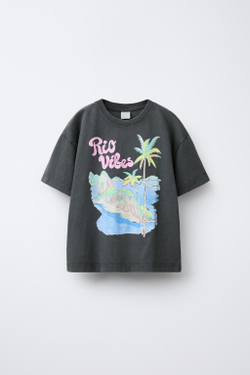 ZARA ФУТБОЛКА ИЗ ТКАНИ С ПРИНТОМ, АНТРАЦИТОВО-СЕРЫЙ