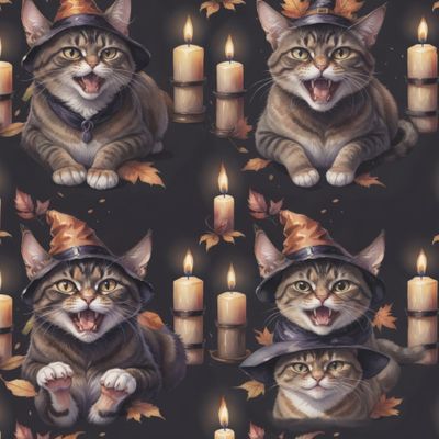 Полосатые кошки, свечи и осенние листья, хэллоуин