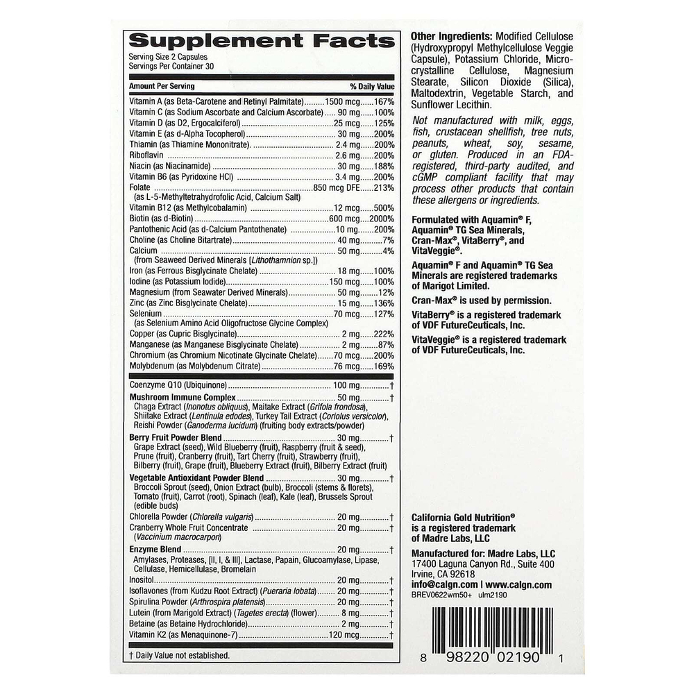 California Gold Nutrition, Ultamins, мультивитаминный комплекс для женщин старше 50 лет с коэнзимом Q10, грибами, ферментами, овощами и ягодами, 60 растительных капсул